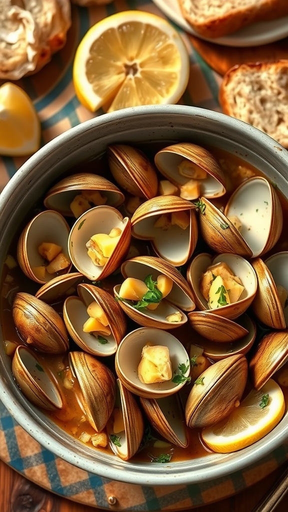 A bowl of garlic butter clams with lemon wedges and crusty bread on a rustic table.